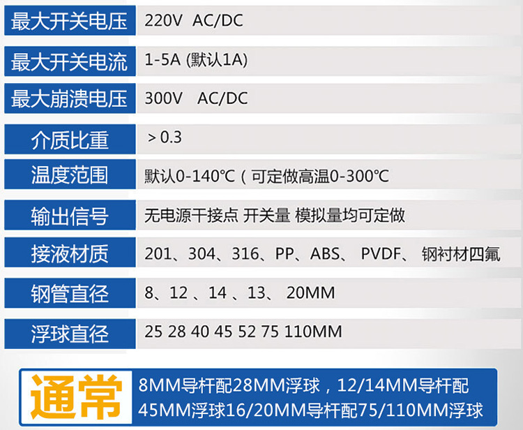 連桿浮子液位計技術參數對照表